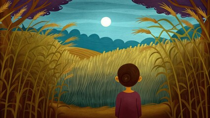 Poster - A tranquil landscape of tall sugarcane swaying in the wind is bathed in early morning light. In the foreground a young person is shown observing the landscape in contemplation. Cartoon