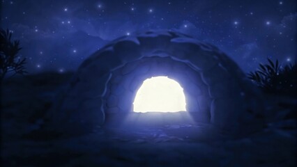 Poster - Awakening Spirits The image depicts a solitary tomb under a starlit sky. The tombs entrance glows with a soft silvery light that seems to breathe. The bright light contrasts. Cartoon