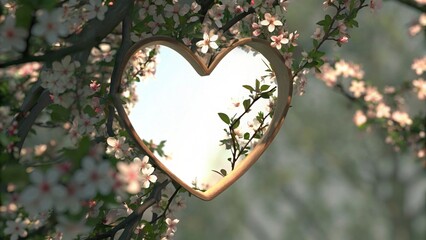 Poster - A whimsical heartshaped mirror is nestled a the branches of a flowering tree. The light filtering through the leaves transforms into dappled patterns reflected in the mirror. Cartoon