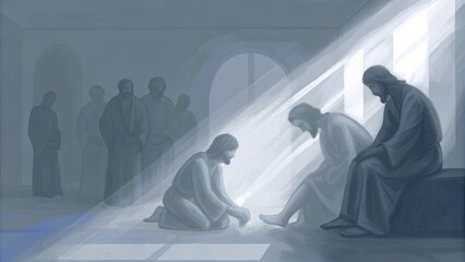 Poster - A wide shot captures the entire room where Jesus is bent low washing Peters feet. Other disciples are in the background watching in awe. The room is filled with soft natural light. Cartoon