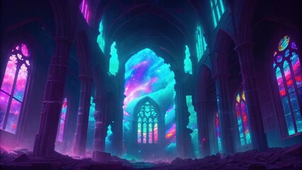 Poster - A wide shot of a ruined cathedral its crumbling walls reaching toward a swirling black sky. Beams of light pierce through the shattered stained glass windows spilling colorful. Cartoon