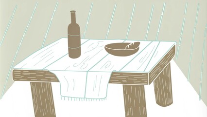 Poster - A wooden table is beautifully adorned with a simple white linen cloth where a crusty baguette and a generous bowl of wine rest their surfaces illuminated by soft warm light. The. Cartoon