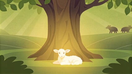 Poster - Beneath an ancient oak tree a lamb with bright shimmering wool rests peacefully on the ground surrounded by soft light. Around it wolves remain camouflaged a the rich foliage their. Cartoon