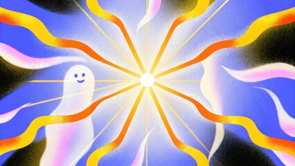 Poster - Bright rays of light emanating from a central core with wispy ribbons of color swirling outward. Within the radiant beams ghostly figures with serene expressions seem to emerge. Cartoon