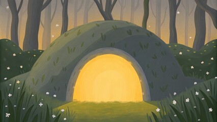 Poster - Glowing Resting Place A circular tomb enveloped by a tranquil forest. The entrance is wide revealing a soft radiant glow that emerges like the suns first rays at dawn. Delicate. Cartoon