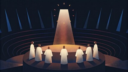 Poster - Illuminated Presence A grand oversized throne beams light from its core surrounded by figures robed in white that gradually fade into light. They stand in a circular formation. Cartoon