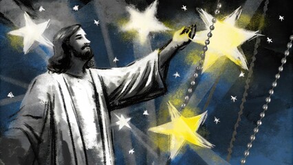 Poster - In a celestial setting Jesus stands amid vibrant constellations extending His hand as beams of light shoot outward. He is surrounded by ling stars that represent the souls of those. Cartoon