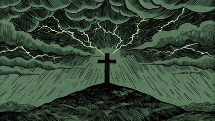 Poster - High on a secluded mountain peak a radiant cross stands against swirling storm clouds above. The wind lashes fiercely but the cross glows with a strong steady light challenging the. Cartoon