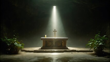 Poster - In a cavernous space ancient walls loom in darkness but in the center a shaft of brilliant light descends from above illuminating a stone altar. The light reflects off the damp. Cartoon