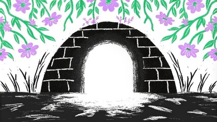 Poster - Illuminated Sanctuary A simple stone grave its entrance framed by intricate vines and flowers that blossom in vibrant colors. A brilliant white light cascades from the depths of. Cartoon