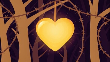 Poster - In a dimly lit forest an illuminated heart sits at the center of a tangled mass of gnarled thorns. The heart pulses gently with a golden hue casting flickers of light onto the. Cartoon