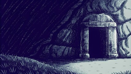 Poster - In a dimly lit cave the stone lies to the side revealing an entrance cloaked in shadows. Intricate carvings on the stone surface can be seen up close while faint glimmers of hope. Cartoon