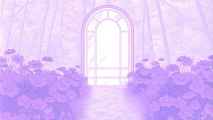 Poster - In a lush garden filled with blooming flowers a vintage arched mirror stands amidst the vibrant colors. The sunlight dances off the surface casting intricate patterns of light and. Cartoon
