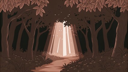 Aufkleber - In a dark forest beams of soft ethereal light trate through the dense canopy of leaves above creating a mystical atmosphere. The rays create a spotlight effect on the lush green. Cartoon