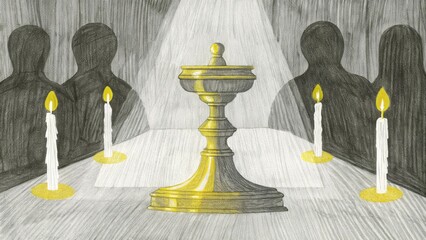 Poster - In a dimly lit room a vintage brass lampstand stands proudly casting a soft flickering glow. Tall candles are arranged around the base their flames dancing gently in the breeze.. Cartoon