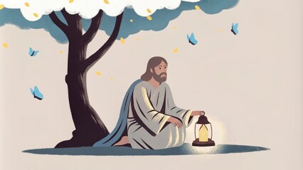 Poster - In a lush green valley Jesus sits beneath a large flowering tree the lantern beside Him casting a gentle glow across the ground. Butterflies flutter around illuminated by the warm. Cartoon