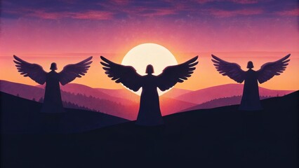 Poster - In a dreamlike vision angels soar above the horizon their wings unfurled against a breathtaking sunset. Their harmonious singing resonates throughout the sky blending with the. Cartoon