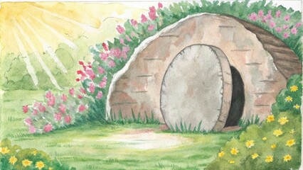 Poster - In a lush garden filled with vibrant blooms a large circular stone lies tilted at the entrance of a rocky tomb. The ground around it is covered in dewkissed grass and gentle beams. Cartoon
