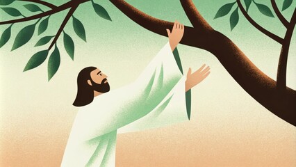 Poster - In a moment frozen in time Jesus calmly reaches upward toward Zacchaeus whose hands grip a branch tightly embodying tension and release. The backdrop of vibrant trees and the. Cartoon
