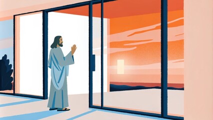 Poster - In a minimalist setting a sleek glass door reflects the sunset creating a striking contrast with the figure of Jesus standing outside. His hand is raised in a gentle knock and his. Cartoon