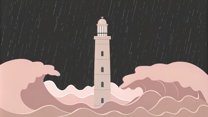 Poster - In a dramatic juxtaposition a tall stone tower looms over tumultuous seas where massive waves crash with ferocity. The skies are thick with black clouds and thick sheets of rain. Cartoon