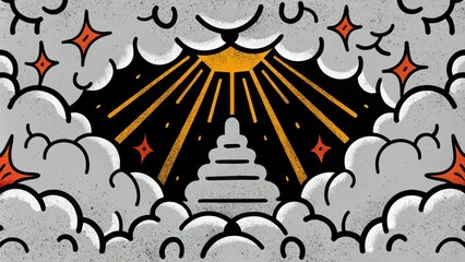 Poster - In an expansive sky filled with ominous storm clouds shafts of bright gold light break through illuminating the edges of the clouds. The beams form a staircaselike effect leading. Cartoon