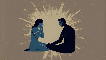 Poster - In an intimate setting a healer sits crosslegged in front of a blind woman. Her expression is one of deep sorrow and longing. The healer cups her face gently his fingers brushing. Cartoon