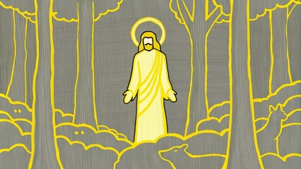 Poster - In a mystical forest illuminated by soft golden light Jesus appears as the central figure crowned with a delicate aura of light. The trees seem to bend towards him their leaves. Cartoon