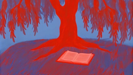 Poster - In a tranquil meadow a magnificent willow tree hangs its long flowing branches over a blanket of scripture pages spread beneath it. The roots curve gracefully touching the paper. Cartoon