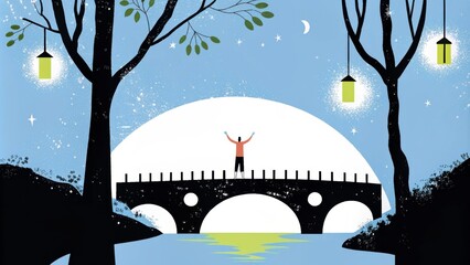 Poster - In a twilight scene by an ancient stone bridge the figure stands with arms outstretched as soft light from lanterns flickers nearby. The reflective water beneath the bridge adds a. Cartoon
