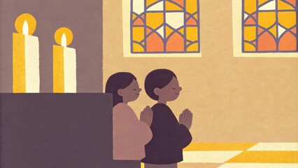 Poster - Inside a humble chapel filled with flickering candles a figure leads a small group in prayer the warmth of faith enveloping them. The soft glow reflects off the stained glass. Cartoon