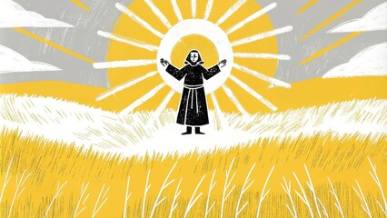 Poster - In a windswept prairie a figure stands confidently with a brilliant halo of amber light surrounding them. The halo dances in the breeze mirroring the golden waves of grass around. Cartoon