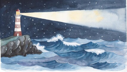 Poster - In a vast ocean waves crash against jagged rocks under a starry night sky. A lighthouse stands tall on a cliff its light rotating and sweeping across the sea ting through the. Cartoon