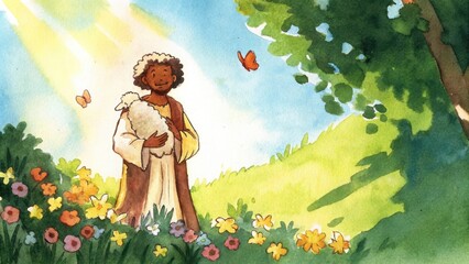 Poster - In a vibrant watercolor scene the Good Shepherd stands amidst a colorful meadow filled with wildflowers. The shepherd has curly hair a warm smile and holds the lamb close to his. Cartoon