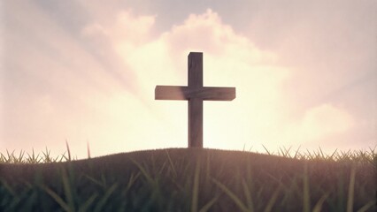 Poster - In the calm of morning a cross crafted from dark wood stands prominently on a grassy hillock. The sun rises just behind casting light that rays out in all directions creating a. Cartoon