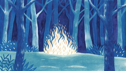 Poster - In the center of a tranquil grove a bush of golden flames dances energetically its fiery leaves swirling in an intricate pattern. The nearby trees stand still their sy trunks and. Cartoon