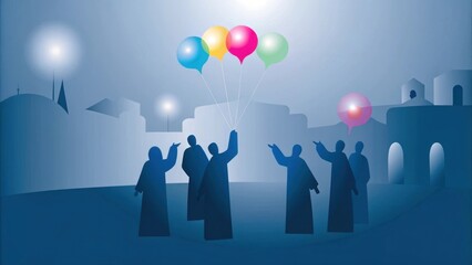Poster - In the bustling streets of an ancient city the disciples stand in a circle. Above each of them are vibrant colorful orbs of light signifying the Holy Spirits empowerment. Their. Cartoon