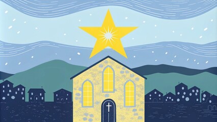 Poster - In the foreground a quaint village rests under the watchful gaze of a large radiant star shining directly above a simple stone chapel. The chapels arched windows reflect the stars. Cartoon