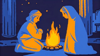 Poster - Set against a backdrop of ancient ruins Mary and Joseph are seen kneeling by a small fire that flickers against the darkness of the night. The air is filled with the scent of. Cartoon