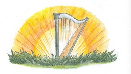 Poster - Perched atop a grassy knoll at sunrise a harp constructed from iridescent feathers pulses with a soft orange glow. The first rays of sunlight blend with the harps illumination. Cartoon