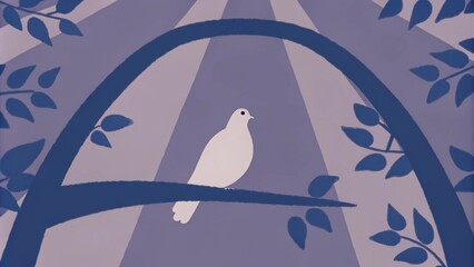 Poster - Perched on an elegant arching branch the dove exudes grace and tranquility. The surrounding foliage is lush with sunlight streaming through the leaves to illuminate the doves. Cartoon