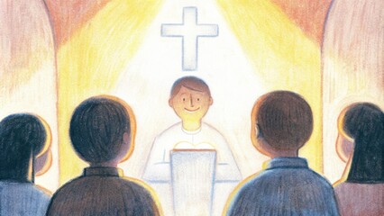 Poster - Positioned by the central light source a figure imparts knowledge with a radiant smile his face reflecting both authority and kindness. The familiar symbols of the faith are. Cartoon