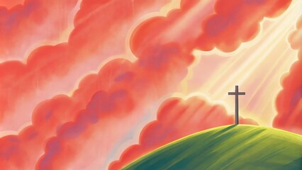 Poster - Set against a dramatic sky filled with swirling clouds painted in shades of fiery red and soft yellow a solitary cross stands firm atop a lush green hill. Beams of sunlight slice. Cartoon