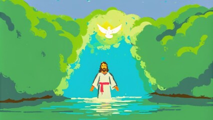 Poster - Set against a backdrop of vibrant greenery Jesus stands in the river with an expression of reverent devotion. The Spirit represented by a glowing dove descends from a bright. Cartoon