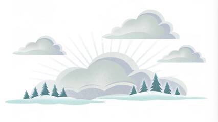 Poster -  shafts of silver trate through misty layers of clouds that hover around the peaks. The soft illumination reveals evergreen trees tered across the mountains flanks giving it a. Cartoon