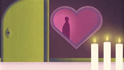 Poster - Set in a cozy candlelit room a heart ornate door stands slightly open. The figure knocking is softly illuminated casting gentle shadows on the wall. The air is filled with a sense. Cartoon