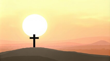 Poster - Silhouetted against the vibrant colors of dawn a stark black cross looms on a gently sloping hill. The sun just peeking over the horizon casts a halo of light around the cross. Cartoon
