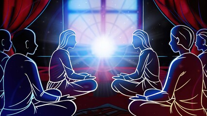 Poster -  some figures lean forward animatedly discussing ast themselves while others recline in quiet contemplation creating a dynamic balance between action and stillness in the. Cartoon