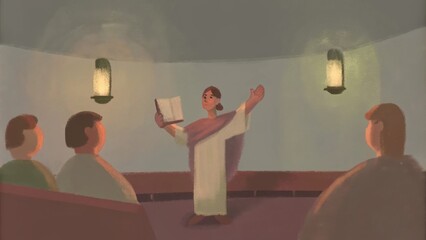 Poster - Surrounded by a semicircle of seated listeners the central figure holds an open scroll in one hand while his other hand points skyward as if emphasizing a profound point. The room. Cartoon