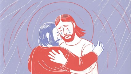 Poster - The depiction focuses on the moment of realization where the thief comprehends the gravity of Jesuss offer. Tears stream down his face as he embraces the hope extended toward him.. Cartoon